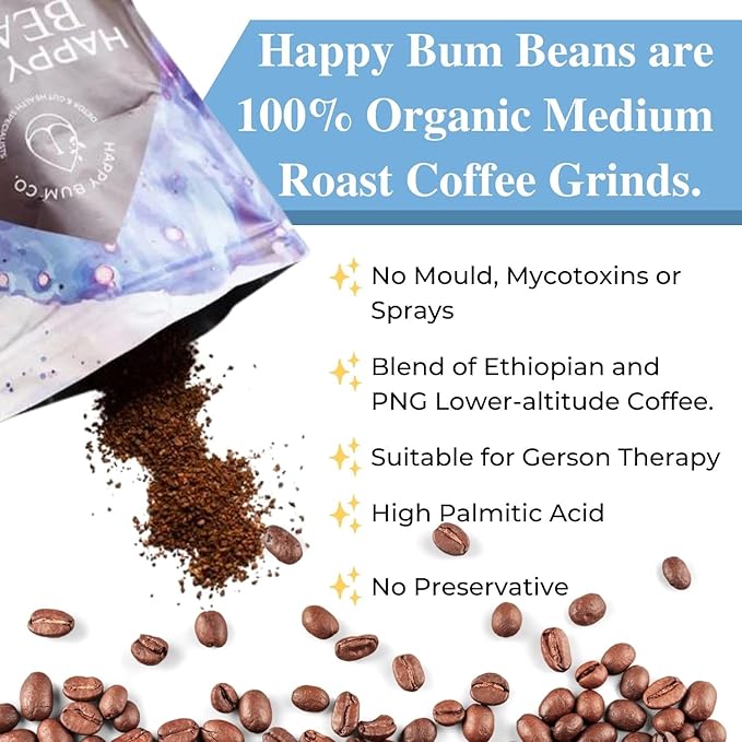 Happy Bum Coffee Enema Beans | Medium Roast Enema Coffee Organic Detox with Higher Palmitic Acid, Mold-Free and Low Acidity for Gentle Detox and Gut Health (400g)