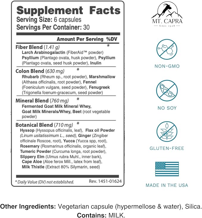 MT. CAPRA SINCE 1928 CapraCleanse | Effective Cleansing of GI Tract with All Natural & Non-GMO Ingredients | 180 Capsules