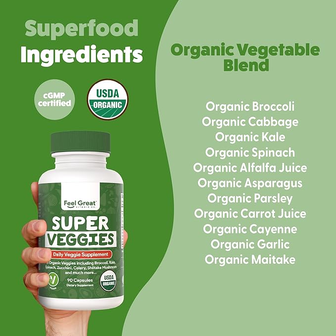 Feel Great USDA Organic Fruit and Vegetable Supplements | 20+ Super Reds & Greens for Natural Energy Support | Vegan Fruit and Veggie Vitamins | 2 Pack of 90 Count