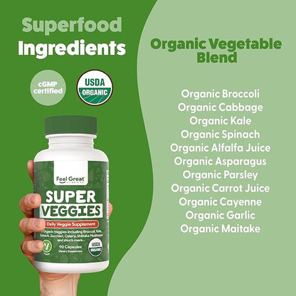 Feel Great USDA Organic Fruit and Vegetable Supplements | 20+ Super Reds & Greens for Natural Energy Support | Vegan Fruit and Veggie Vitamins | 2 Pack of 90 Count