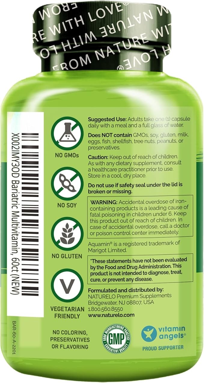 NATURELO Bariatric Multivitamin - One Daily with Iron - Supplement for Post Gastric Bypass Surgery Patients - Natural Whole Food Nutrition - 120 Veggie Capsules