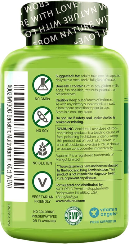 NATURELO Bariatric Multivitamin - One Daily with Iron - Supplement for Post Gastric Bypass Surgery Patients - Natural Whole Food Nutrition - 120 Veggie Capsules