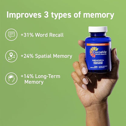 CocoaVia Memory+ Brain Supplement, 60 Day, 750 mg Cocoa Flavanols, Memory & Brain Booster, Vegan, Plant Based,180 Capsules