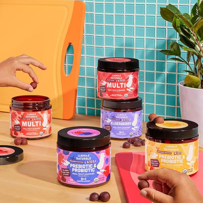 Llama Naturals Real Fruit Prebiotic & Probiotic Kids Gummies | No Added Sugar Cane | Vegan Organic Synbiotics | Children Digestion, Toddler Gut Health 2B CFU | 120 ct (2-4 Months) | Peach Mango