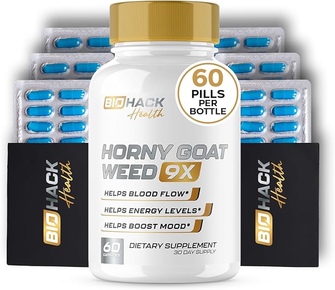 BioHack Health | HornyGoatWeed 9 in 1 Formula | 9 Active Ingredients for Blood Flow, Energy & Stamina | L-Arginine, Saw Palmetto + 7 More Ingredients | 3rd Party Tested Formula - 60 Capsules
