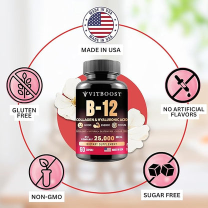 B12 Methylcobalamin with Hyaluronic Acid, Collagen, and Folate – 25000 mcg Supplement Enhance Absorption & Boost Energy | Gluten-Free, Made in USA, B1, B2, B3, B6, B7 Complex - Pack of 2