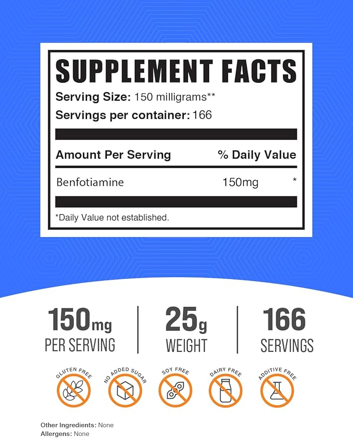 BulkSupplements.com Benfotiamine Powder - Thiamine B1 Supplement, Benfotiamine Supplement - Benfotiamine 150mg, Gluten Free - 150mg per Serving, 25g (0.88 oz) (Pack of 1)