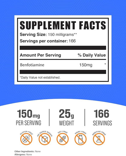 BulkSupplements.com Benfotiamine Powder - Thiamine B1 Supplement, Benfotiamine Supplement - Benfotiamine 150mg, Gluten Free - 150mg per Serving, 25g (0.88 oz) (Pack of 1)