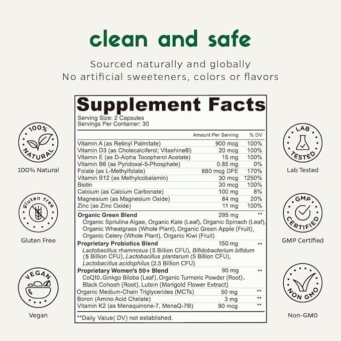 Multivitamin for Women 50 Plus, PMS Relief, Skin, Hair & Nails, Supports Joint & Bone, Heart Health, Eye Health, Turmeric, Coq10, Ginkgo, Lutein, Black Cohosh, Vitamins B6, B12, D3, K2 (60Ct)