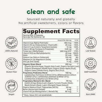 Multivitamin for Women 50 Plus, PMS Relief, Skin, Hair & Nails, Supports Joint & Bone, Heart Health, Eye Health, Turmeric, Coq10, Ginkgo, Lutein, Black Cohosh, Vitamins B6, B12, D3, K2 (60Ct)