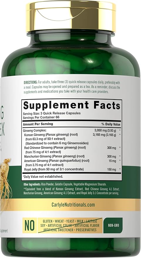 Carlyle Ginseng Complex Capsules | 200 Count | Non-GMO and Gluten Free Extract | Traditional Herbal Root Supplement