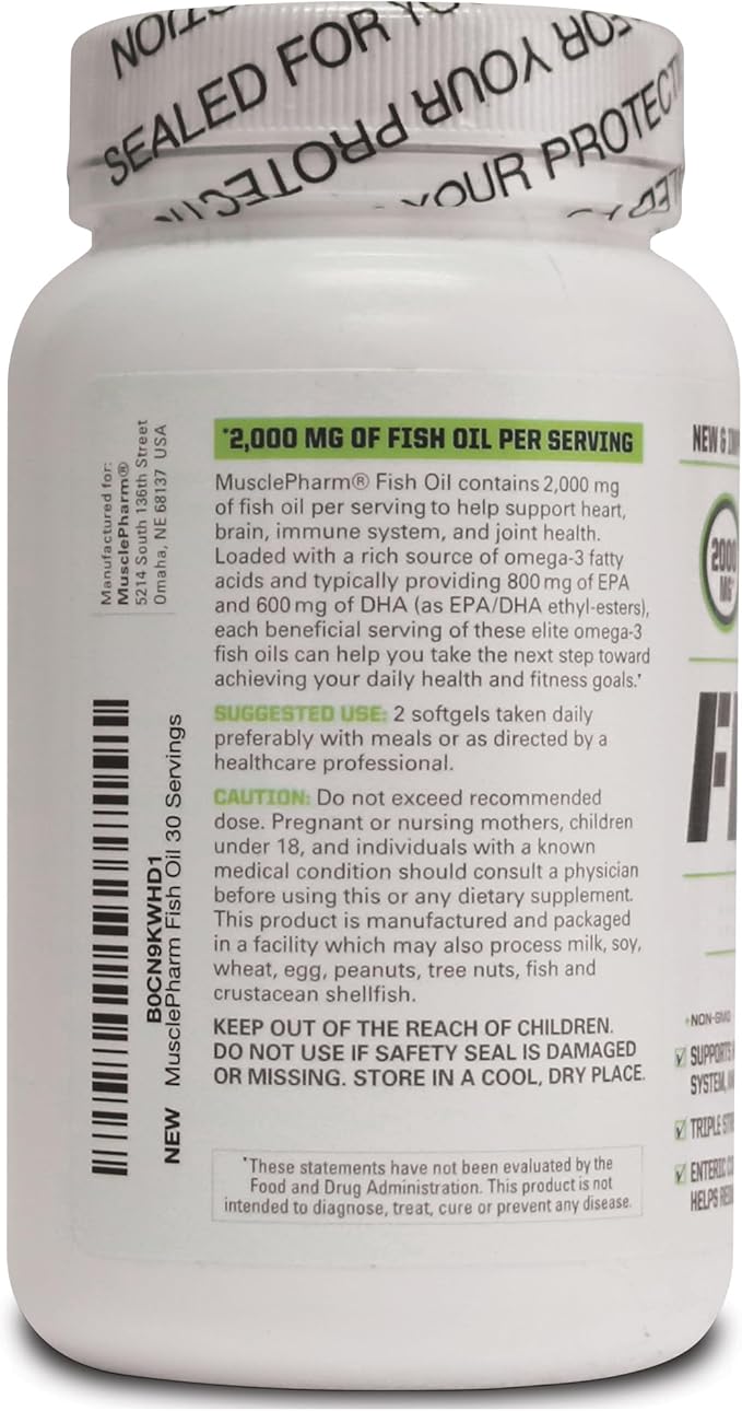 MusclePharm Essentials Fish Oil, Elite Omega 3 Supplement, Supports Joints, Muscular Performance & Recovery, Brain, Heart & Immune Health, 2000mg Omega 3 Fish Oil Per Serving, 60 Softgels, 30 Servings