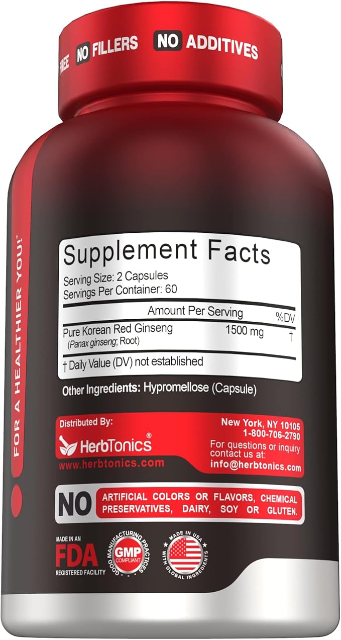 Herbtonics Korean Red Panax Ginseng 1500mg - High Potency Ginseng for Energy, Performance & Immune Support for Men & Women - Ginseng Root Extract Powder Supplement for Focus and Vitality -120 Capsules
