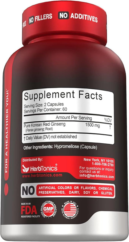 Herbtonics Korean Red Panax Ginseng 1500mg - High Potency Ginseng for Energy, Performance & Immune Support for Men & Women - Ginseng Root Extract Powder Supplement for Focus and Vitality -120 Capsules