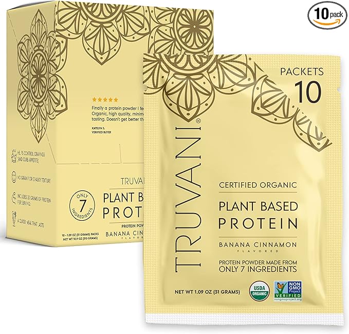 Truvani Vegan Pea Protein Powder | Banana Cinnamon | 20g Organic Plant Based Protein | 10 Travel Packets | Keto | Gluten & Dairy Free | Low Carb | No Added Sugar