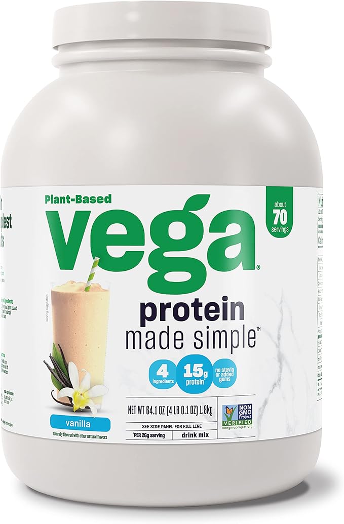 Vega Protein Made Simple Vanilla XL Value Tub (70 Servings) Stevia Free Vegan Protein Powder, Plant Based, Healthy, Gluten Free, Pea Protein for Women and Men, 3.9lbs