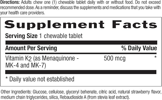 Country Life Vegan Vitamin K2, 500 mcg, Dual Spectrum MK-4 and MK-7 Complex, Supports Bone & Teeth Health, 60 Chewable Tablets, Strawberry Flavor