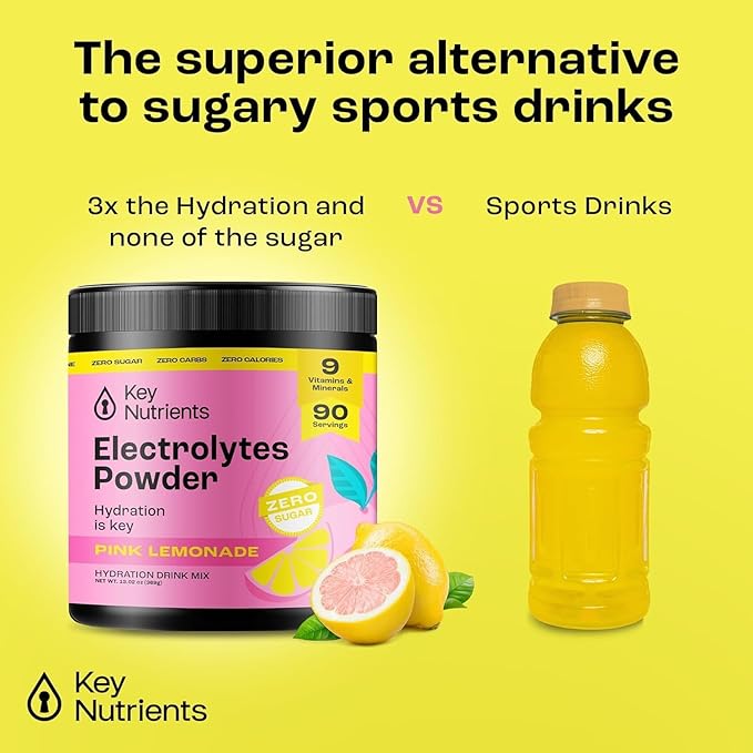 KEY NUTRIENTS Multivitamin Electrolytes Powder No Sugar - Fresh Pink Lemonade Electrolyte Powder - Endurance & Energy Supplement - Hydration Powder - No Calories - 90 Servings - Made in USA