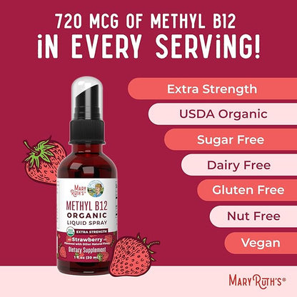 MaryRuth's Vitamin B12 Liquid Spray | Vegan, Non-GMO, Gluten-Free | USDA Organic B12 Vitamin Supplement | Energy & Nervous System Support | B12 Vitamins for Women & Men | VIT b12 1,500 mcg | 1 Fl Oz