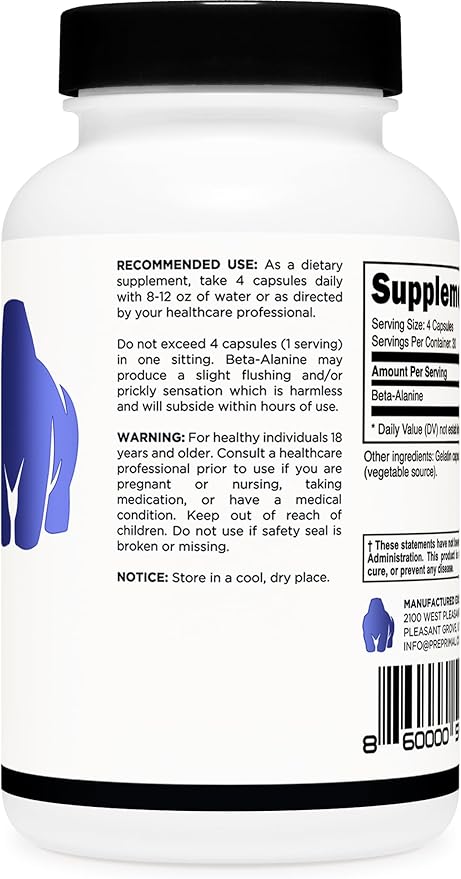 Primal Beta-Alanine Capsules 3400mg (30 Servings, 120 Capsules) - Supplement, Gluten-Free & Non-GMO, 850mg Per Cap