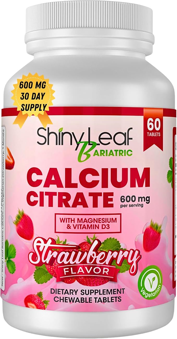 Shiny Leaf Bariatric Calcium Citrate 600mg - Supplement for Bariatric Surgery Patients, 60 Ct Chewable Tablets with Magnesium, Vitamin D3, Natural Strawberry Flavor, Vegetarian (1 Month)