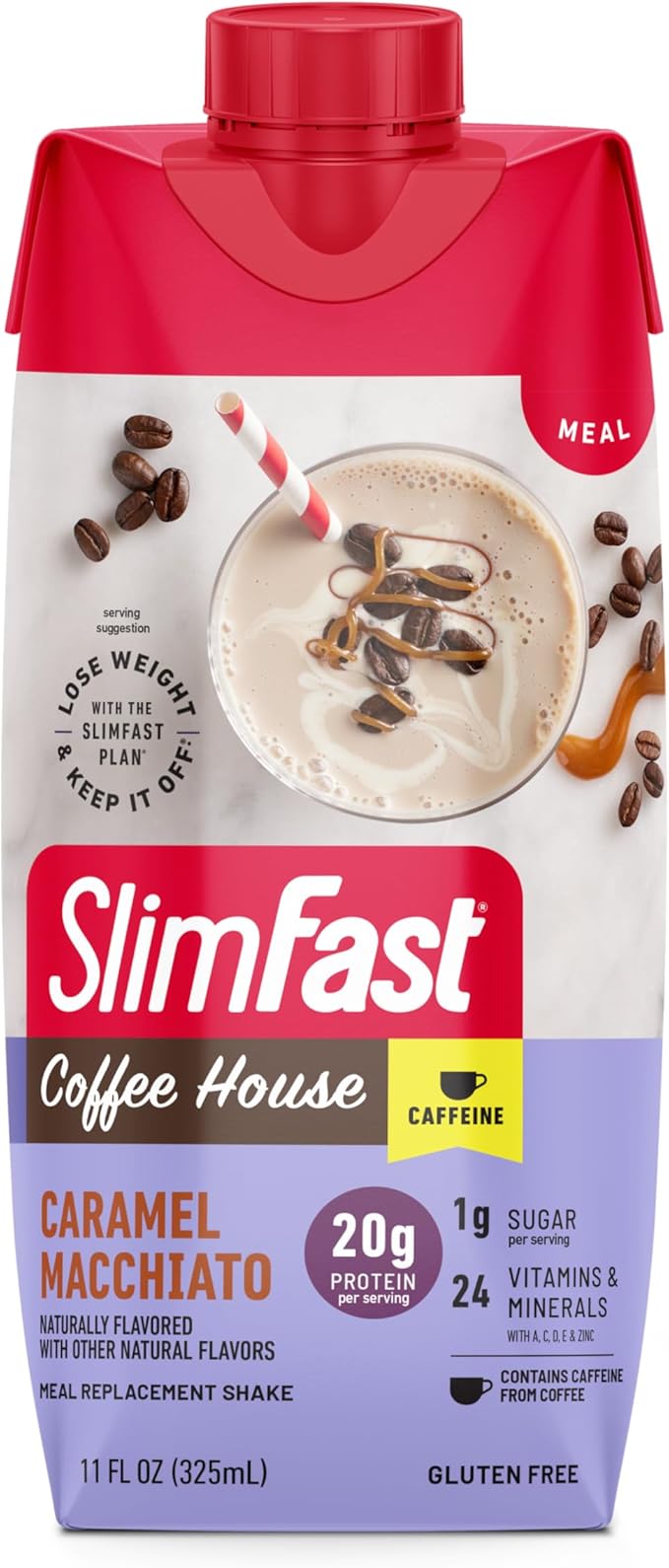 SlimFast Protein Shake with Caffeine, Caramel Macchiato- 20g Protein, Meal Replacement Shakes, High Protein with Low Carb and Low Sugar, 24 Vitamins and Minerals, 12 Count (Pack of 1)