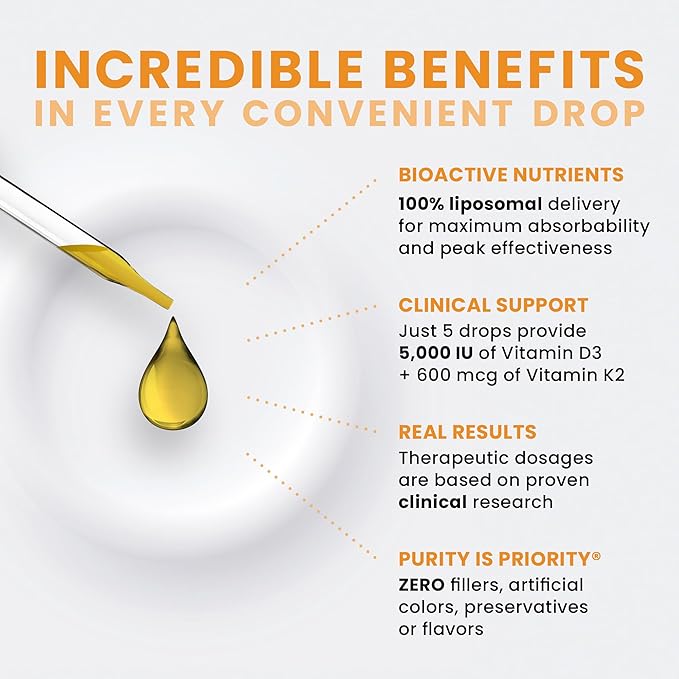 Vegan D3 + K2 Organic 100% Liposomal | 180 Servings | Maximum Absorption Vitamin D3 and Vitamin K2 Supplements for Men and Women, D3 Vitamin 5000 IU, Liquid Vitamin D3 with K2 - 20 mL Bottle