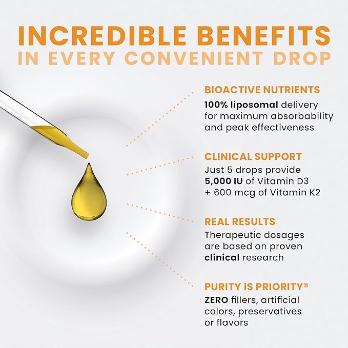 Pure Therapro Rx Vegan Vitamin D3 + K2 Liposomal Supplement | 90 Servings | Maximum Absorption Liquid Vitamins D3 5000 IU and K2-10 for Men and Women - 10 mL