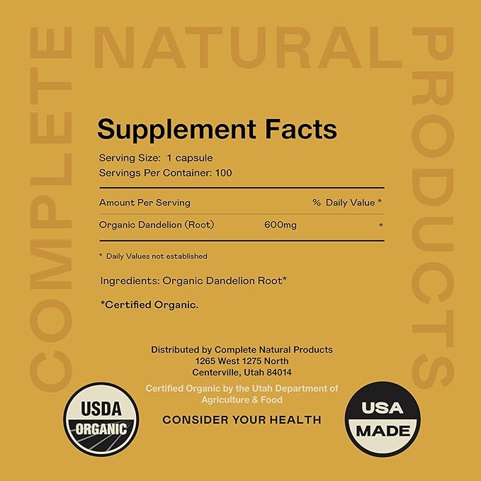 Complete Natural Products Pure Organic Dandelion Root Capsules - 530mg Capsules 100 Pills Dried Dandelion Root Herbal Supplement