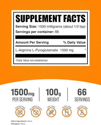 BulkSupplements.com L-Arginine L-Pyroglutamate Powder - Arginine Supplement, Nitric Oxide Supplement, Arginine Powder - Gluten Free, 1500mg per Serving, 100g (3.5 oz) (Pack of 1)