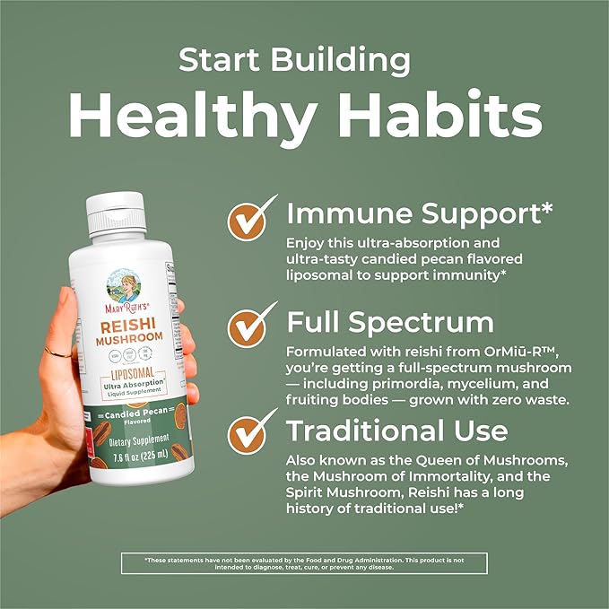 MaryRuth's Reishi Vegan Mushroom Supplement | Ultra Absorption Reishi Supplement Liposomal | Immune Support with 200mg Beta-Glucans, Vegan |Full Spectrum Reishi Mushrooms Fruiting Body | 7.6 oz,