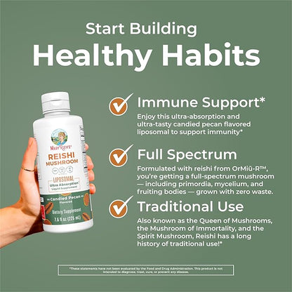 MaryRuth's Reishi Vegan Mushroom Supplement | Ultra Absorption Reishi Supplement Liposomal | Immune Support with 200mg Beta-Glucans, Vegan |Full Spectrum Reishi Mushrooms Fruiting Body | 7.6 oz,