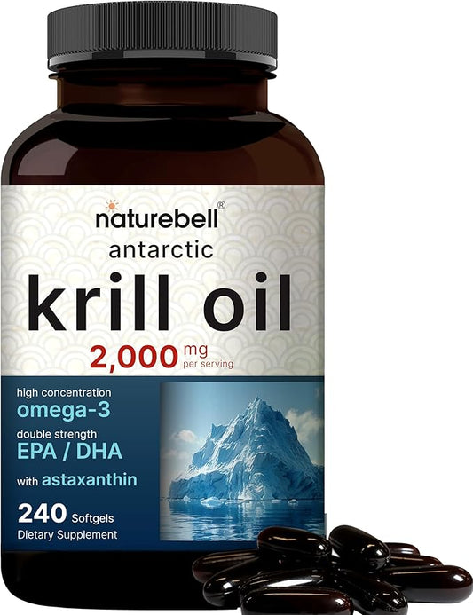 Antarctic Krill Oil 2000mg Supplement, 240 Softgels, 3X Strength Natural Source of Omega-3s, EPA 240mg + DHA 160mg + Astaxanthin 800mcg – No Fishy Aftertaste – Mercury Free & Non-GMO
