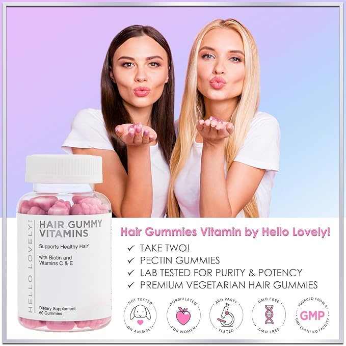 Hello Lovely! Hair Vitamins Gummy with Biotin 5000 mcg Vitamin E & C Support Hair Growth, Premium Vegetarian Non-GMO, for Stronger Beautiful Hair, Skin & Nails Supplement - 60 Bear Gummies
