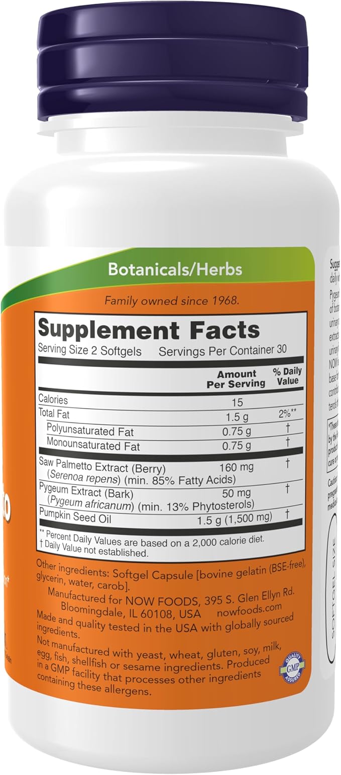 NOW Foods Supplements, Pygeum & Saw Palmetto with Pumpkin Seed Oil, Men's Health*, 60 Softgels