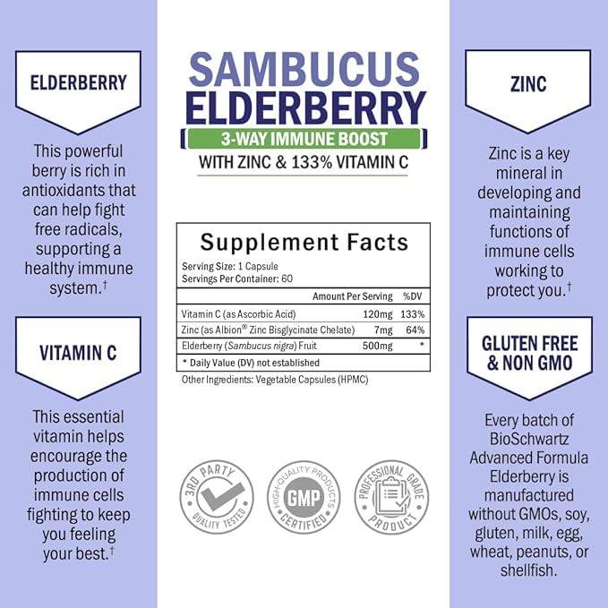 Elderberry with Zinc and Vitamin C for Adults - Immune Support Vitamins for Women and Men Natural Elderberries Black Sambucus Capsules - Immune Defense Multiminerals Supplement, Gluten-Free, 60 Ct