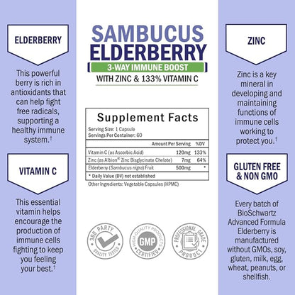 Elderberry with Zinc and Vitamin C for Adults - Immune Support Vitamins for Women and Men Natural Elderberries Black Sambucus Capsules - Immune Defense Multiminerals Supplement, Gluten-Free, 60 Ct