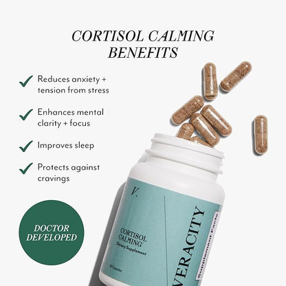 Veracity Cortisol Calming, Sleep & Worry Support Supplement, Hormone Balance for Women, Organic Ashwagandha Supplements, Bacopa Extract, Eleuthero, L Theanine, Adaptogens to Calm Body & Skin, 60 Caps