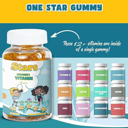Stars Kids Multivitamin Gummies with Omega 3, Vitamins for Kids with A, B, C, D, Plant Based Multi Vitamins for Children, Manganese, 60 Star-Shaped Multivitamin for Kids, Gluten-Free Gummy Vitamins
