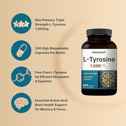 L Tyrosine Supplement, 1,500mg Per Serving, 240 Capsules | Essential Amino Acids – Brain Health Support for Memory, Cognitive Health, and Mental Alertness – Non-GMO