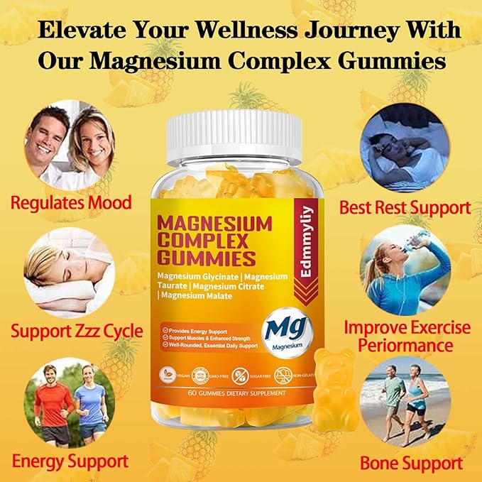 Triple Magnesium Complex Gummies Supplement for Women & Men Sugar Free High Absorption Magnesium Glycinate, Taurate, Malate, Citrate Complex Supplement with Vitamin B6, B12 & D3 for Adult…