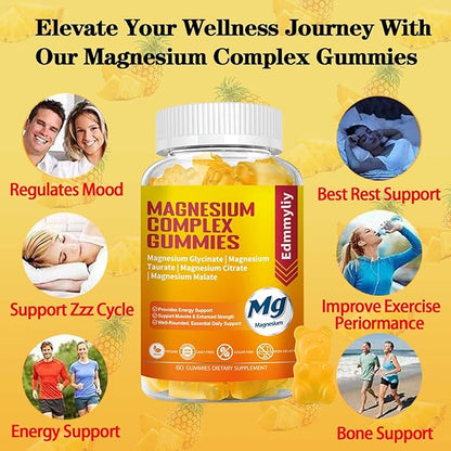 Triple Magnesium Complex Gummies Supplement for Women & Men Sugar Free High Absorption Magnesium Glycinate, Taurate, Malate, Citrate Complex Supplement with Vitamin B6, B12 & D3 for Adult…