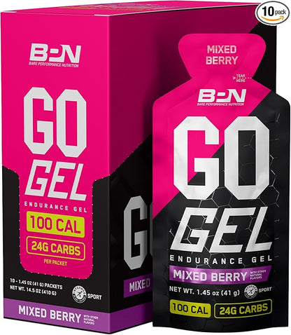 BARE PERFORMANCE NUTRITION, BPN Go Gel Endurance Gel, Vegan + Gluten Free Running Gel with 24g of Carbohydrates & 100 Calories per Gel Pack, 10 Single-Serving Gel Packs, Mixed Berry