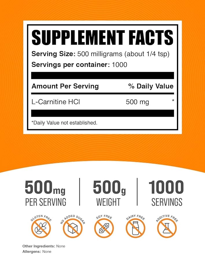 BulkSupplements.com L-Carnitine HCl Powder - Carnitine Supplement, Carnitine Powder, L-Carnitine 500mg - Unflavored & Gluten Free, 500mg per Serving, 500g (1.1 lbs) (Pack of 1)