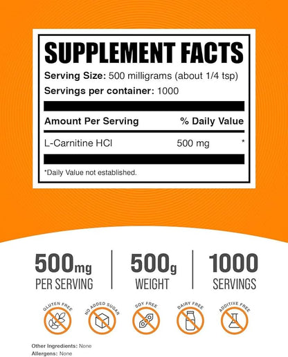 BulkSupplements.com L-Carnitine HCl Powder - Carnitine Supplement, Carnitine Powder, L-Carnitine 500mg - Unflavored & Gluten Free, 500mg per Serving, 500g (1.1 lbs) (Pack of 1)