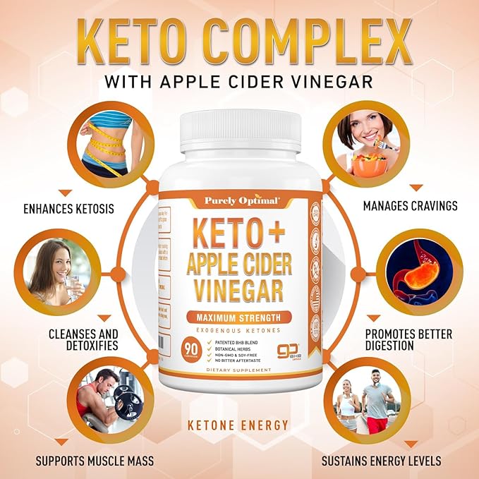 Purely Optimal Keto BHB & Apple Cider Vinegar Capsules - Exogenous Ketones Supplement with The Mother for Ketosis Support, Healthy Lifestyle & Overall Well-Being - 90 Capsules