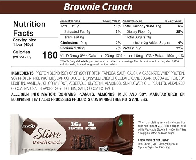 NuGo Slim Dark Chocolate Brownie Crunch, 16g Protein Bar, Gluten Free, Non-GMO, Kosher, Keto Friendly, Low Carb, 12 Count