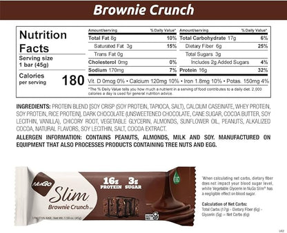 NuGo Slim Dark Chocolate Brownie Crunch, 16g Protein Bar, Gluten Free, Non-GMO, Kosher, Keto Friendly, Low Carb, 12 Count