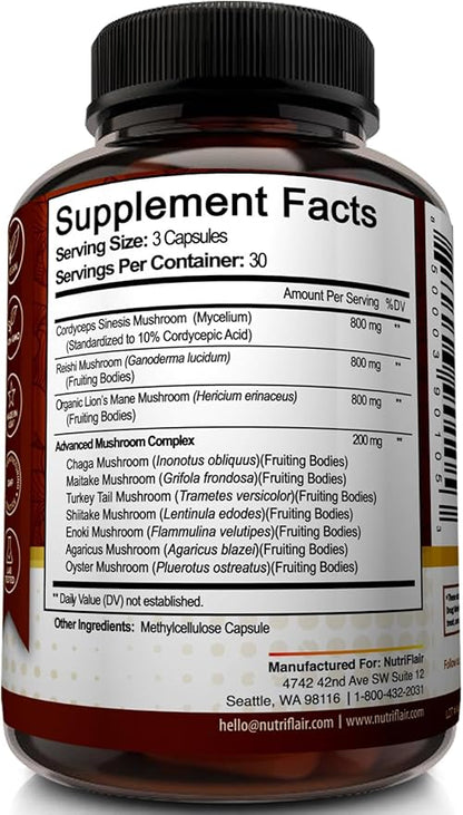 NutriFlair Mushroom Supplement 2600mg, 90 Capsules - 10 Mushrooms Blend - Reishi, Lions Mane, Cordyceps, Chaga, Turkey Tail, Maitake, Shiitake, Oyster Nootropic Complex - Brain, Energy, Focus Pills