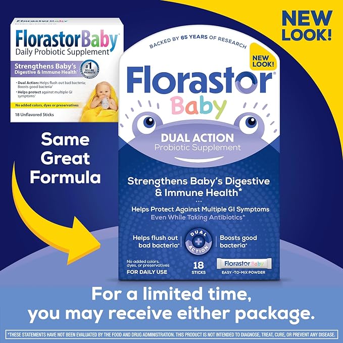 Florastor Baby Daily Probiotic Supplement, Powder Mixes with Milk, Formula or Soft Foods, Saccharomyces Boulardii CNCM I-745 (18 Powder Sticks)